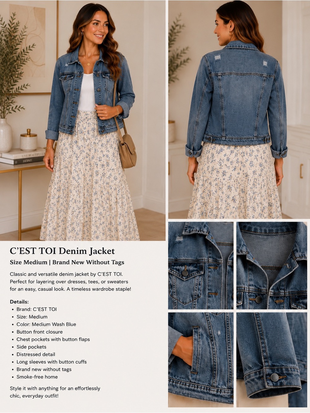 Women’s Classic Blue Denim Jacket - Casual Jean Coat - Picture 2 of 2